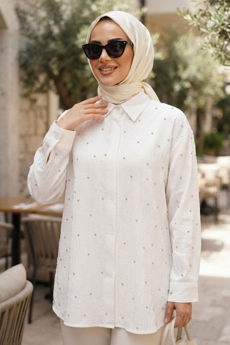 White Textured Modest Shirt 10861B