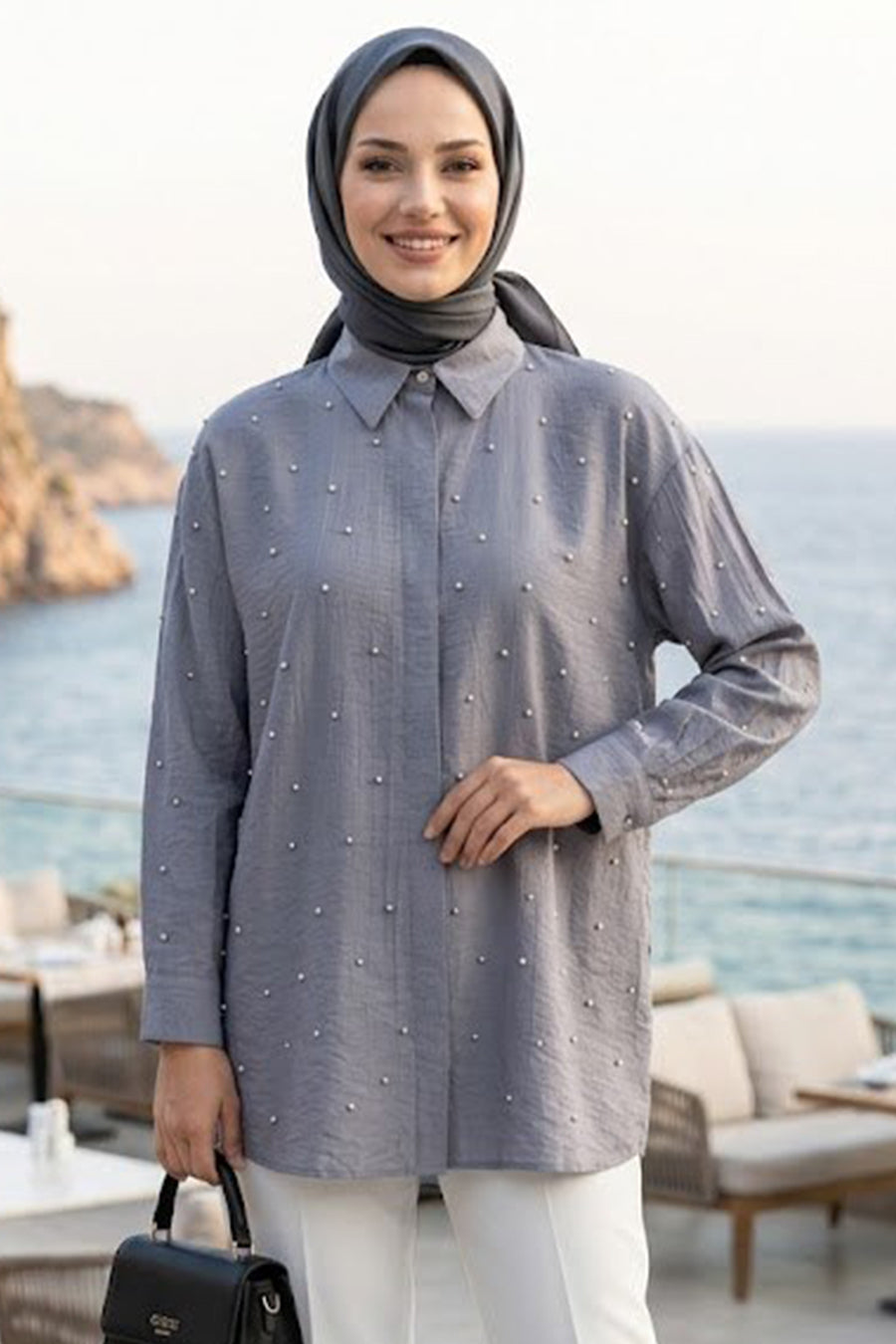 Grey Textured Modest Shirt 10861GR