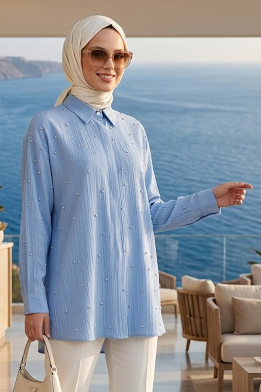 Blue Textured Modest Shirt 10861M
