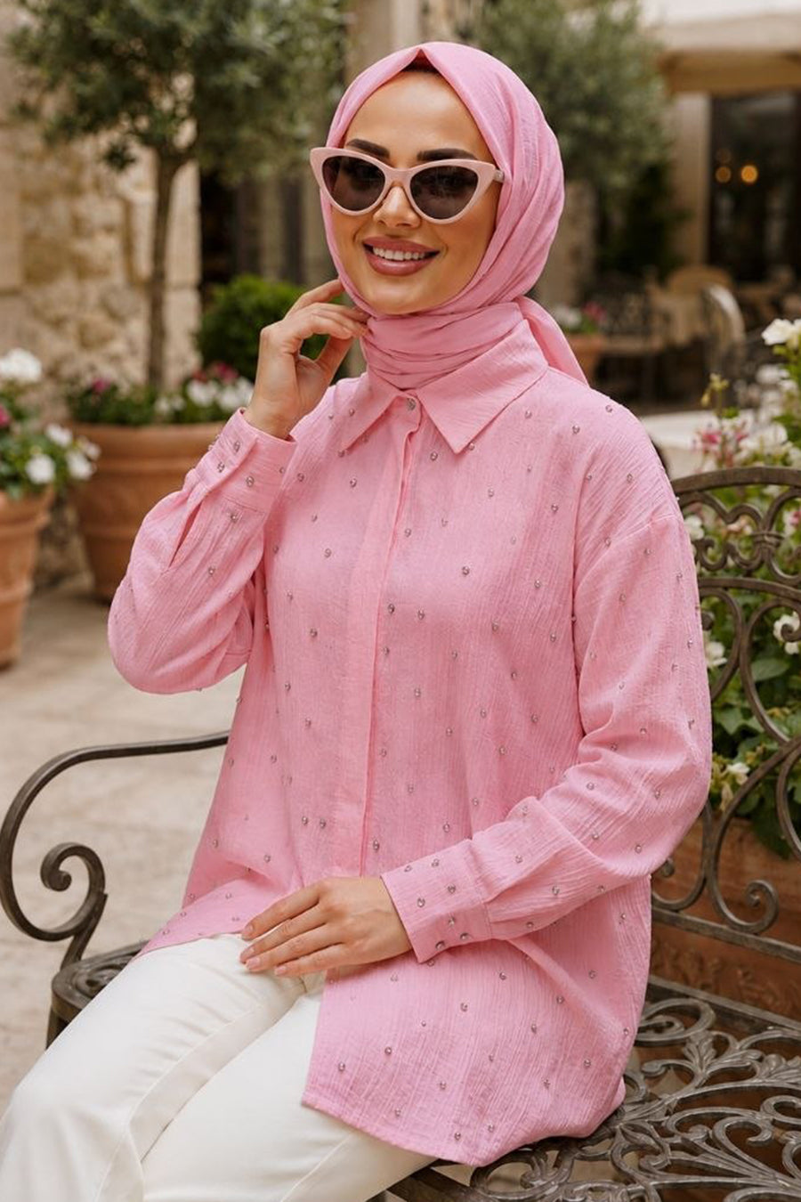Pink Textured Modest Shirt 10861P