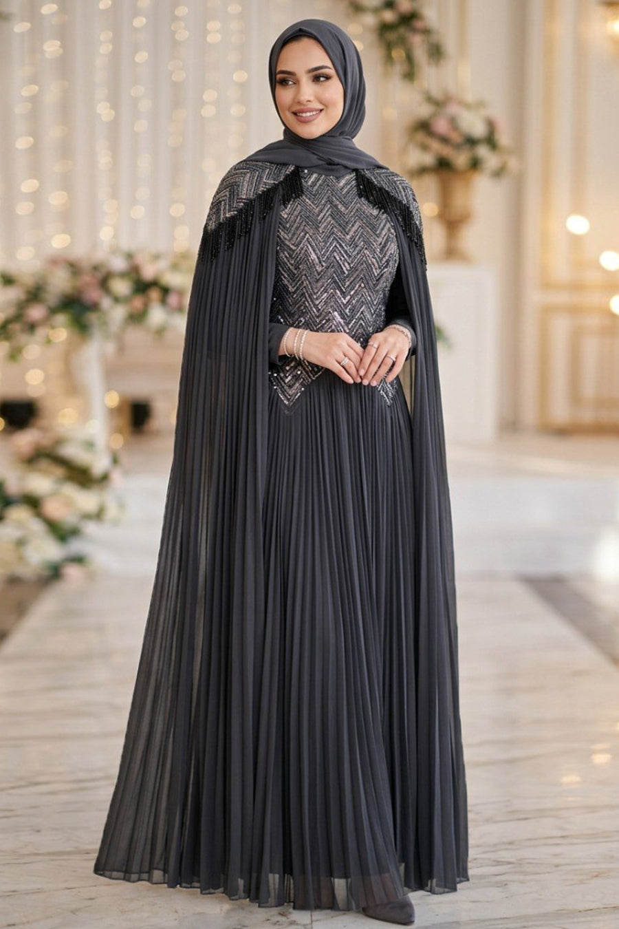 Stone-Embellished Chiffon Anthracite Modest Evening Dress 134ANT