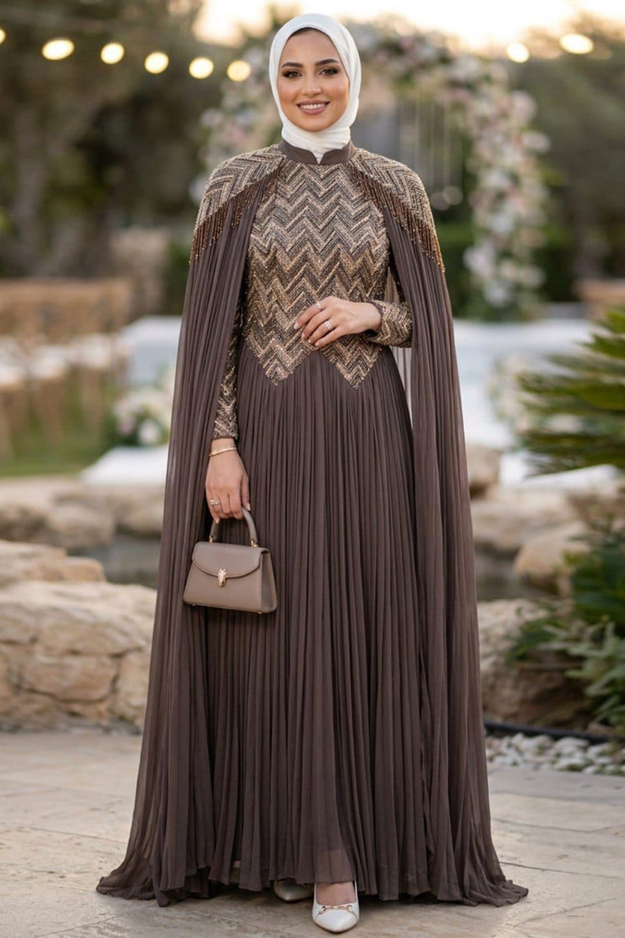 Stone-Embellished Chiffon Mink Modest Evening Dress 134KV
