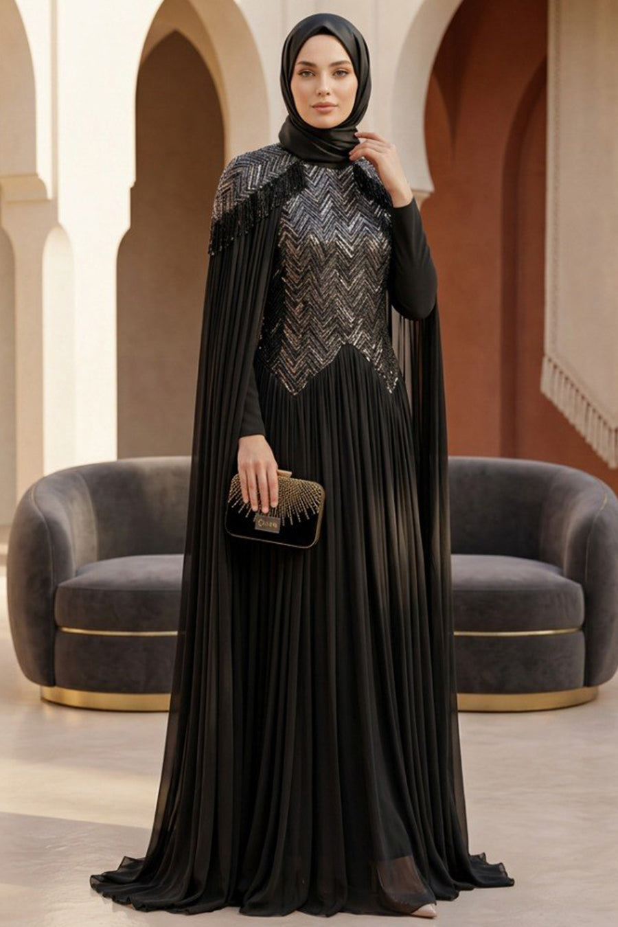 Stone-Embellished Chiffon Black Modest Evening Dress 134S