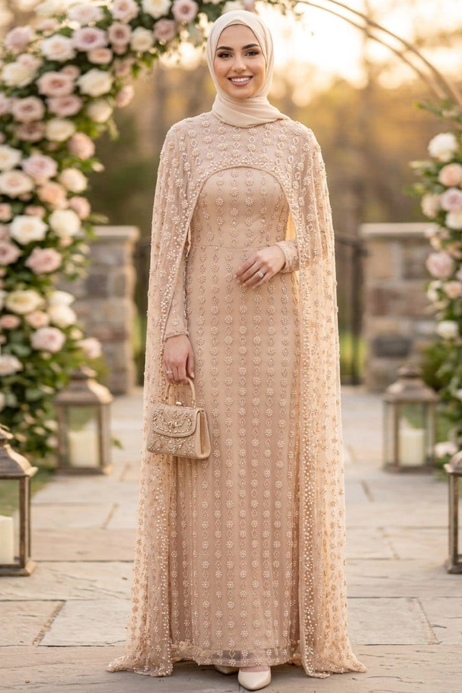 Beaded Lace Beige Modest Evening Dress 198BS