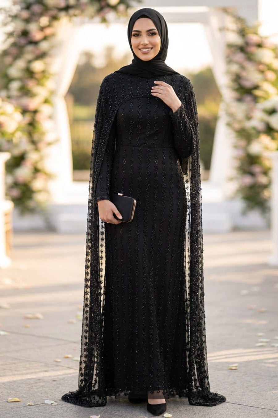 Beaded Lace Black Modest Evening Dress 198S