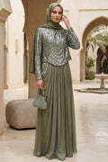 Sequin Top Chiffon Skirt Khaki Modest Evening Dress 203HK