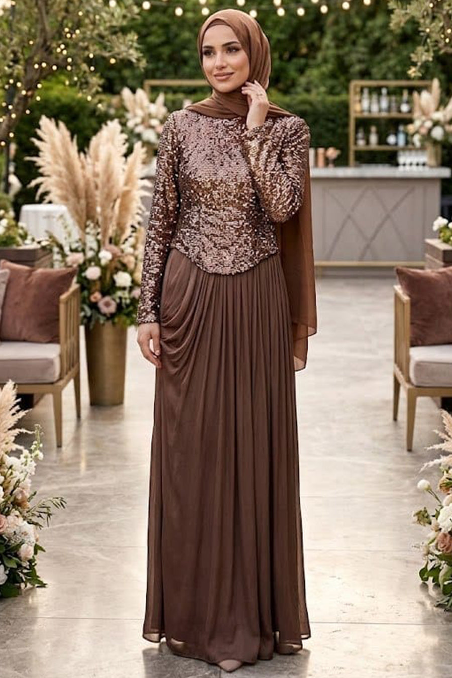 Sequin Top Chiffon Skirt Brown Modest Evening Dress 203KH