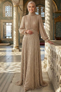 Chiffon & Beaded Lace Beige Modest Evening Dress 208BS