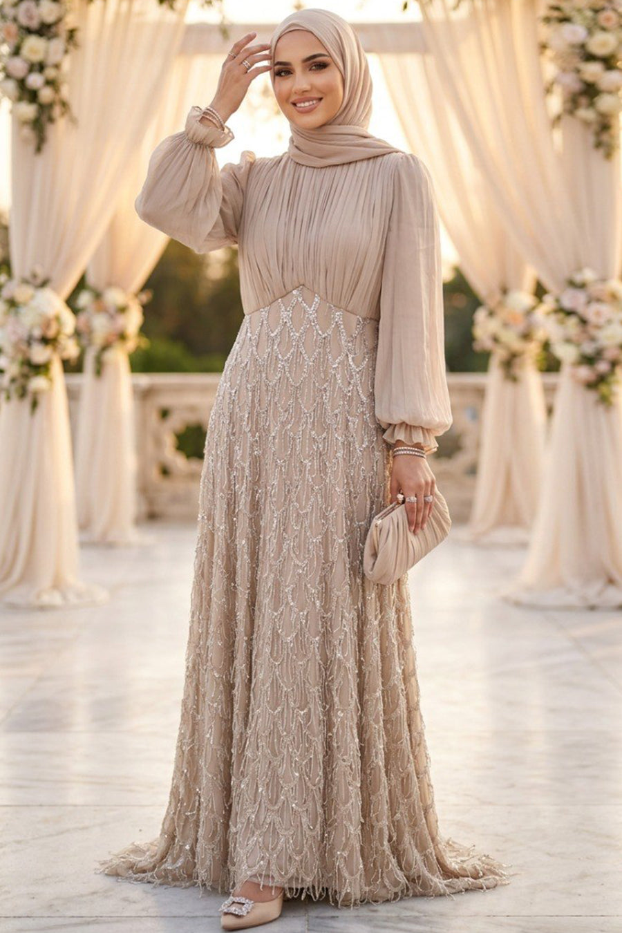 Chiffon & Beaded Lace Mink Modest Evening Dress 208V