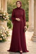 Beaded Lace Top Chiffon Skirt Burgundy Modest Evening Dress 235BR