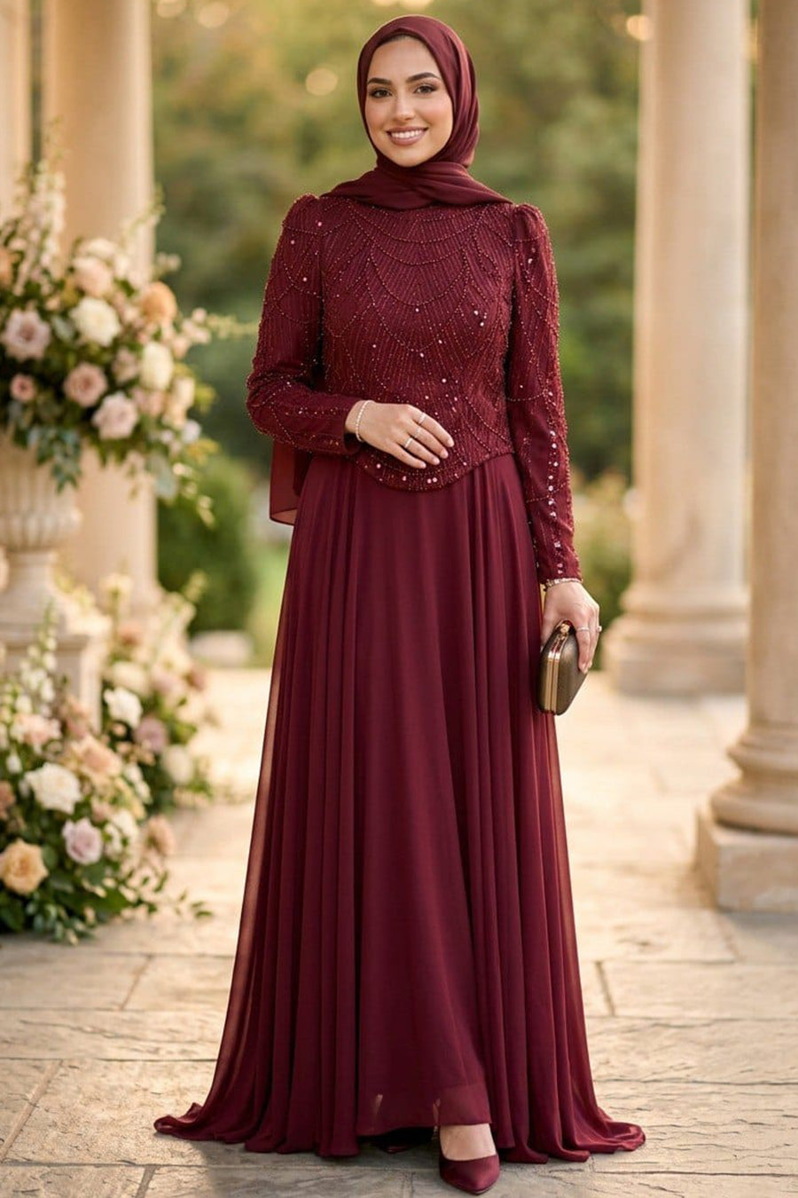 Beaded Lace Top Chiffon Skirt Burgundy Modest Evening Dress 235BR