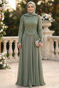 Beaded Lace Top Chiffon Skirt Sage Green Modest Evening Dress 235CY