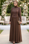 Beaded Lace Top Chiffon Skirt Brown Modest Evening Dress 235KH