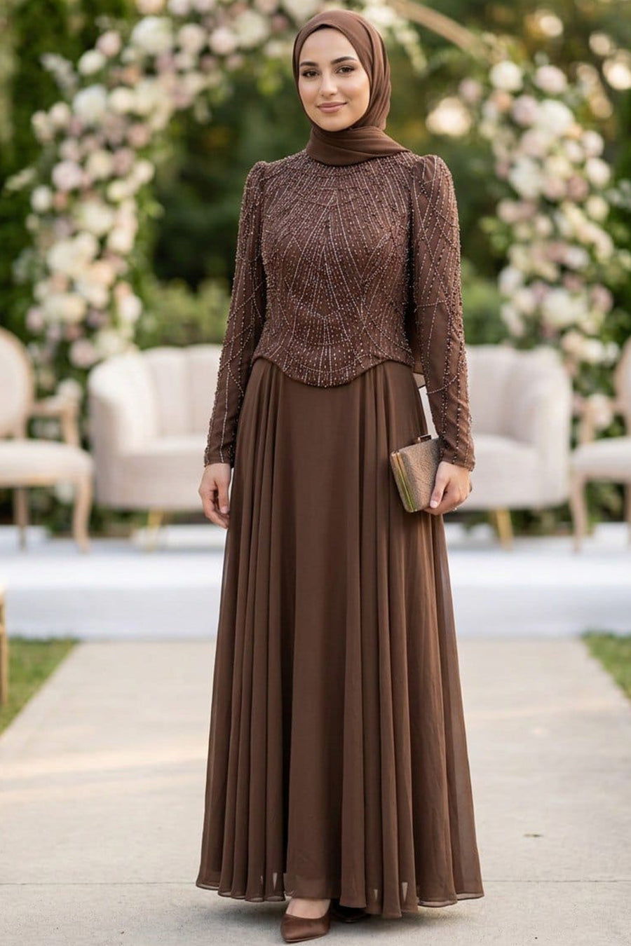 Beaded Lace Top Chiffon Skirt Brown Modest Evening Dress 235KH
