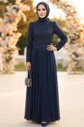 Beaded Lace Top Chiffon Skirt Navy Modest Evening Dress 235L