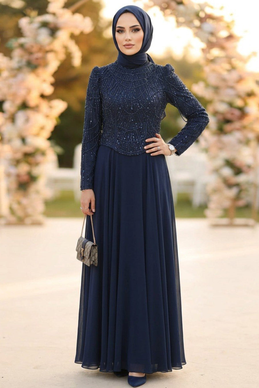 Beaded Lace Top Chiffon Skirt Navy Modest Evening Dress 235L