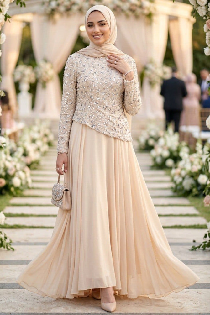 Beige Bead-Embroidered Chiffon Luxury Modest Evening Dress 247BEJ