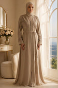 Beige Geometric-Embroidered Belted Modest Ferace Abaya 29137BEJ