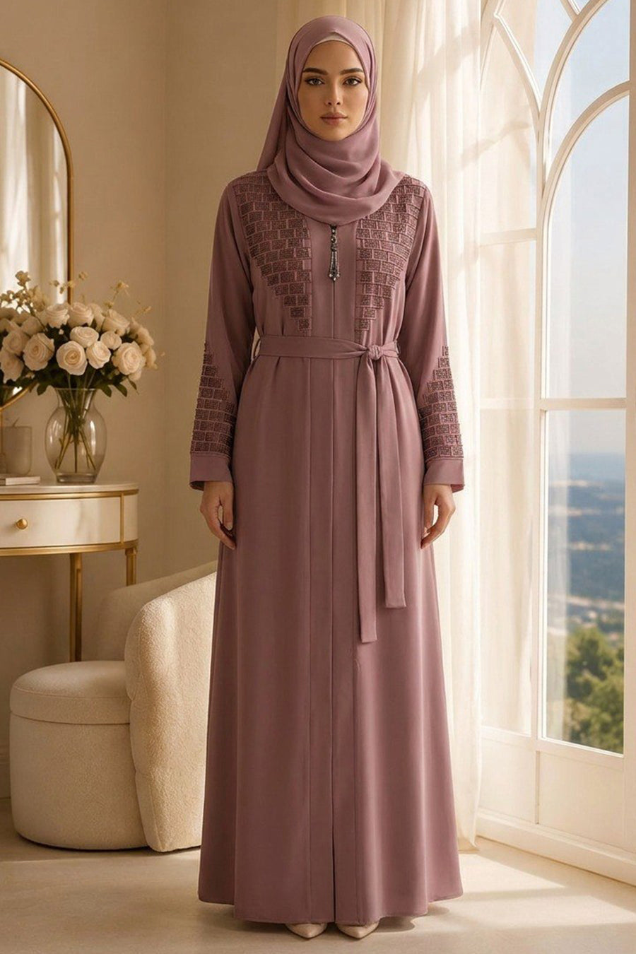 Dusty Rose Geometric-Embroidered Belted Modest Ferace Abaya 29137GK
