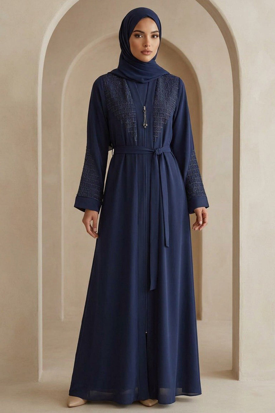 Navy Geometric-Embroidered Belted Modest Ferace Abaya 29137L