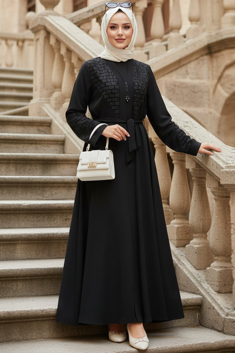Black Geometric-Embroidered Belted Modest Ferace Abaya 29137S
