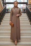 Light Brown Symmetric-Embroidered Belted Modest Ferace Abaya 29143AKH