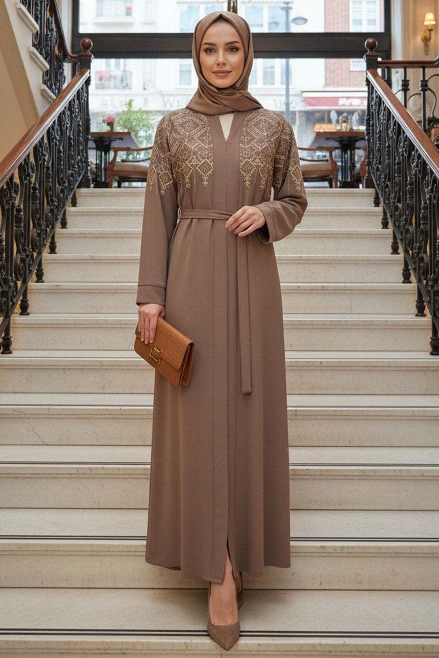 Light Brown Symmetric-Embroidered Belted Modest Ferace Abaya 29143AKH