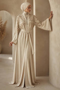 Beige Symmetric-Embroidered Belted Modest Ferace Abaya 29143BEJ