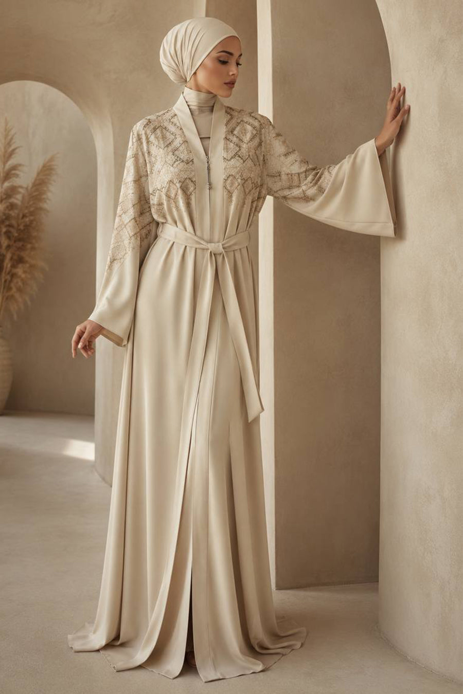 Beige Symmetric-Embroidered Belted Modest Ferace Abaya 29143BEJ