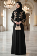 Black & Beige Leaf-Embroidered Belted Modest Ferace Abaya 29145SBEJ