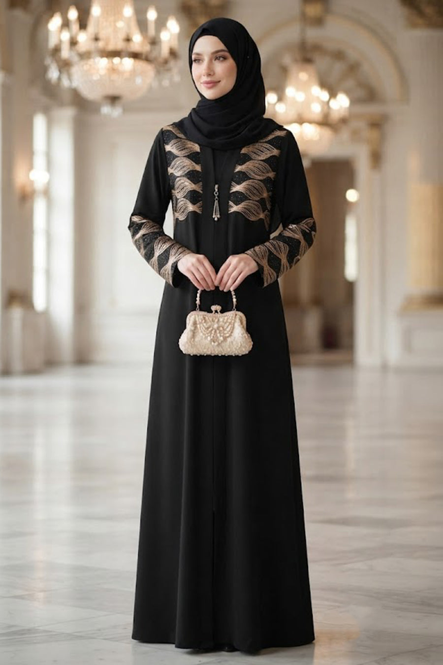 Black & Beige Leaf-Embroidered Belted Modest Ferace Abaya 29145SBEJ