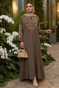 Light Brown V-Embroidered Belted Modest Ferace Abaya 29146AKH