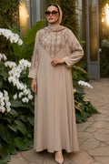 Beige V-Embroidered Belted Modest Ferace Abaya 29146BEJ