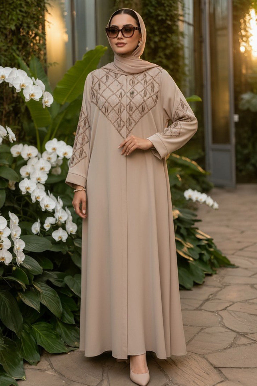 Beige V-Embroidered Belted Modest Ferace Abaya 29146BEJ
