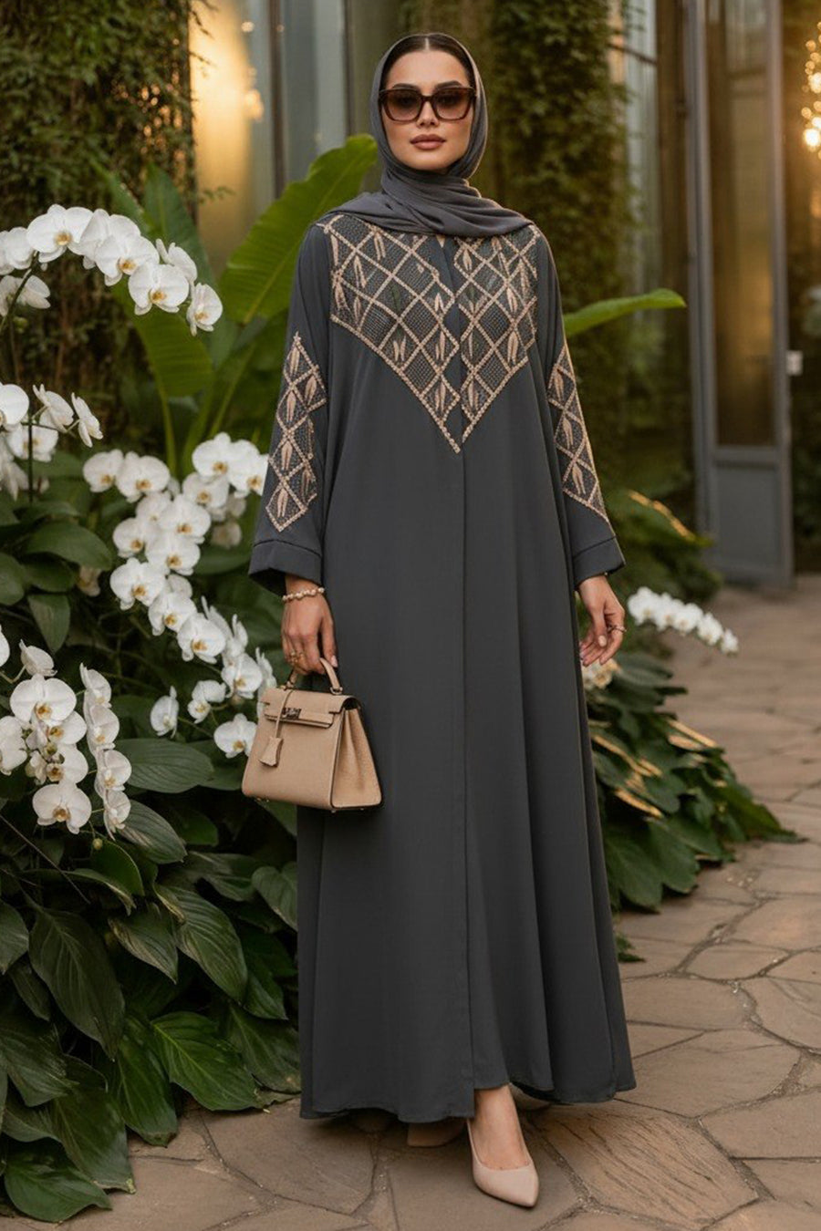 Smoke V-Embroidered Belted Modest Ferace Abaya 29146FU