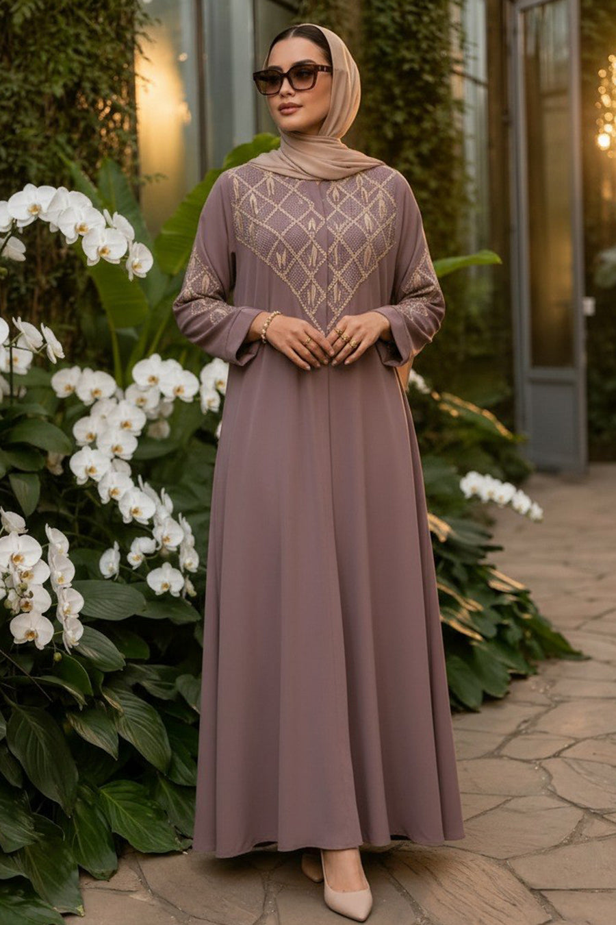 Dusty Rose V-Embroidered Belted Modest Ferace Abaya 29146GK