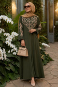 Khaki V-Embroidered Belted Modest Ferace Abaya 29146HK