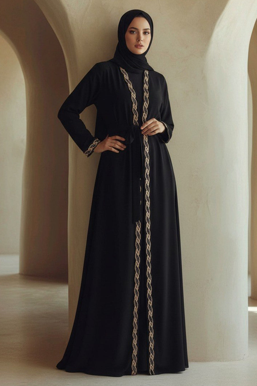 Black & Beige Stripe Embroidered Belted Modest Ferace Abaya 29147SBEJ