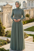 Sage Green Bead-Embroidered Crepe Luxury Modest Evening Dress 5683CY