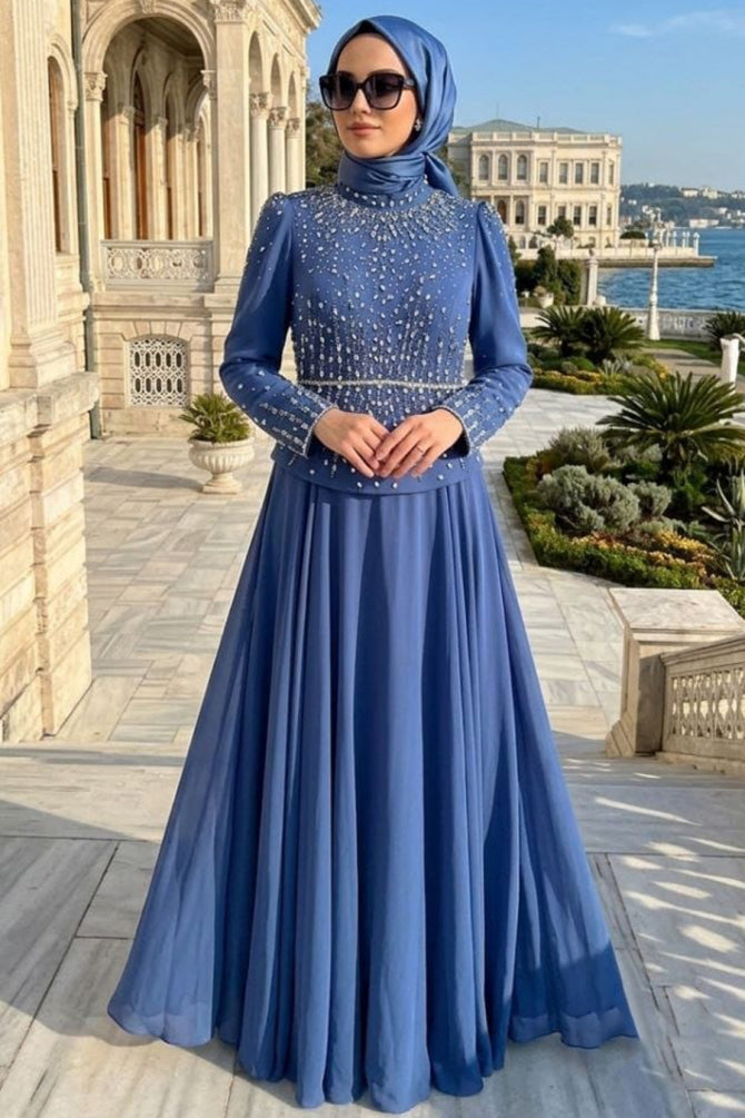 Navy Blue Bead-Embroidered Crepe Luxury Modest Evening Dress 5683M