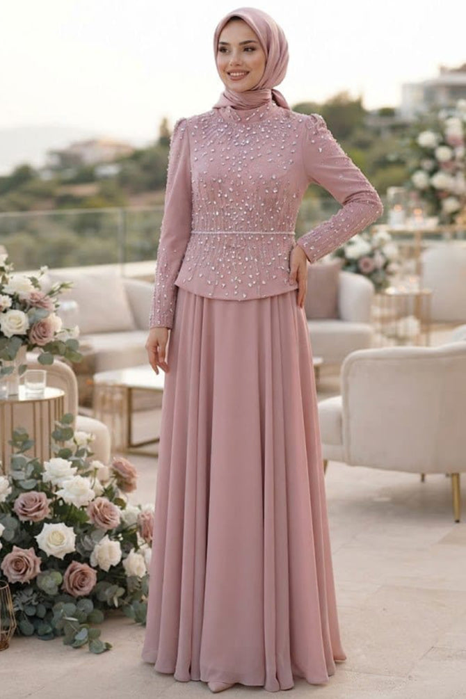 Powder Pink Bead-Embroidered Crepe Luxury Modest Evening Dress 5683PD