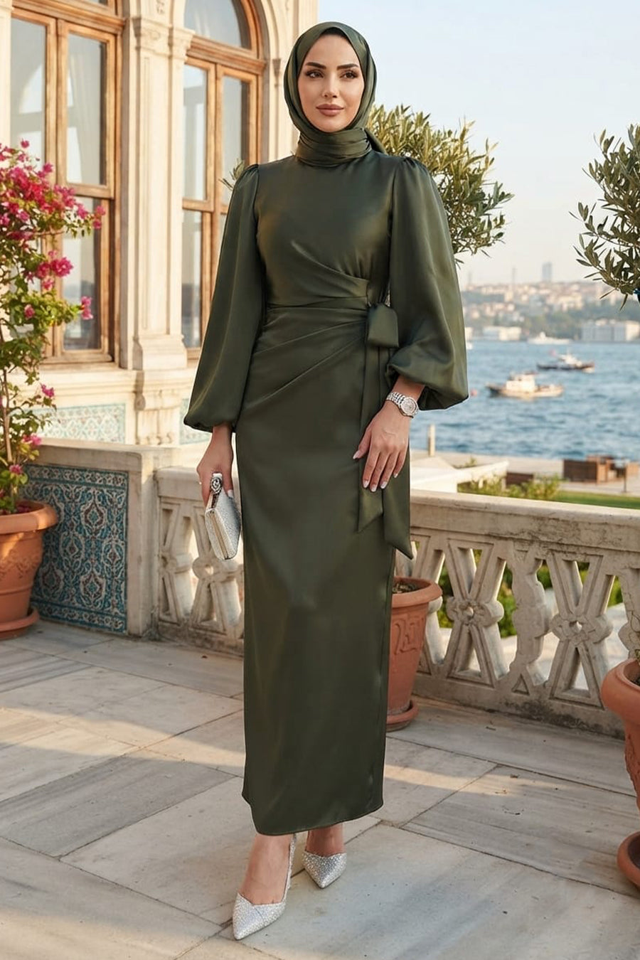 Satin Khaki Modest Dress 63012HK