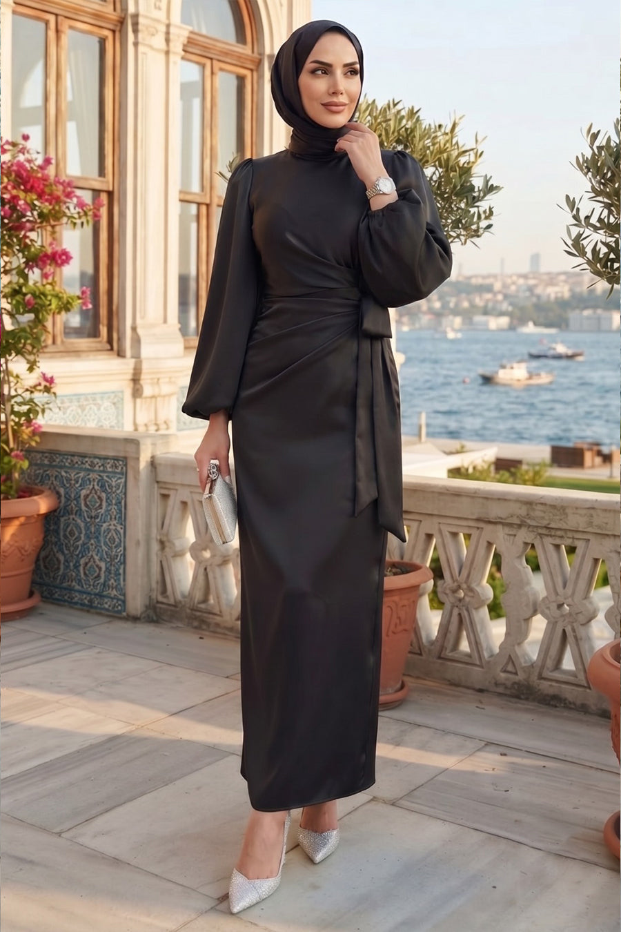 Satin Black Modest Dress 63012S