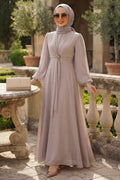 Brooch-Detailed Draped Beige Modest Evening Dress 6304BEJ