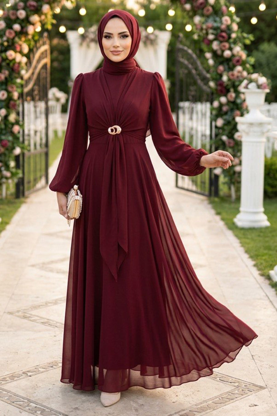 Brooch-Detailed Draped Burgundy Modest Evening Dress 6304BR