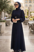 Brooch-Detailed Draped Navy Modest Evening Dress 6304L