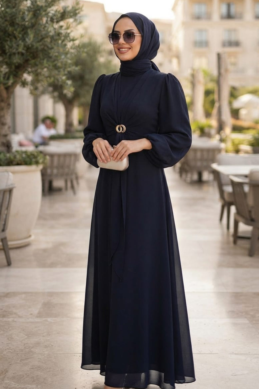 Brooch-Detailed Draped Navy Modest Evening Dress 6304L