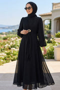 Brooch-Detailed Draped Black Modest Evening Dress 6304S