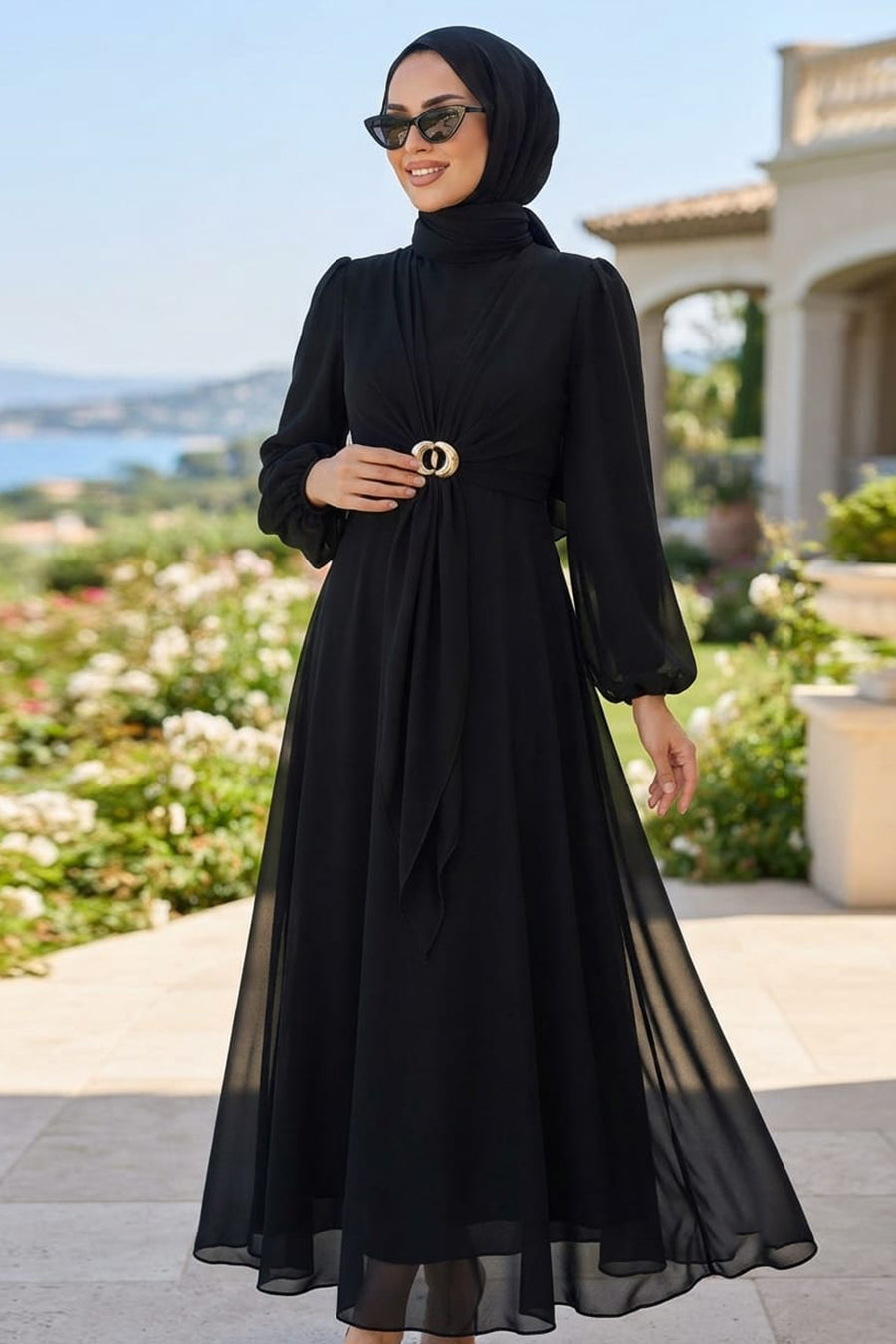Brooch-Detailed Draped Black Modest Evening Dress 6304S