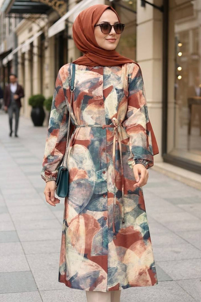 Buttoned Patterned Brown Modest Tunic 95725KH